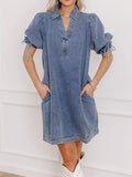 European and american style women's drawstring bubble short sleeve blue denim dress with turn-down collar - washed, non-stretch