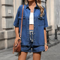European and american cross-border e-commerce summer new women's clothing  independent website washed denim tie-up short sleeve shorts set