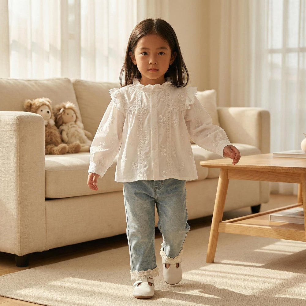 Spring new arrivalgirllong sleevesembroideringshirtbaby girlfashion shirt stylekidstopscasual children's clothing trendy