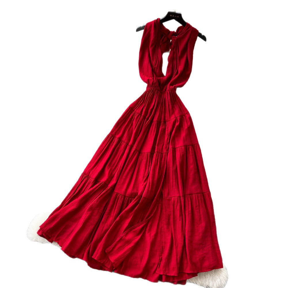 French riviera style red sexy backless maxi dress - women's summer v-neck halter neck slimming a-line elegant dress