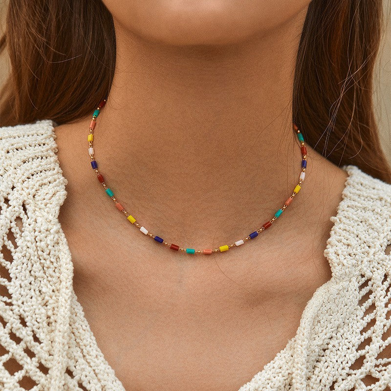 Amazon new arrival: ethnic style necklace - 18k gold plated copper, unique exotic design, mixed color seed bead necklace with premium texture