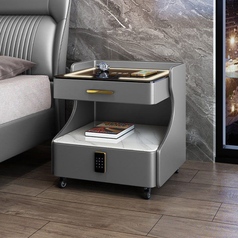 Italian smart bedside table minimalist modern leather bedroom wireless charging popular minimalist storage cabinet high-end rock slab