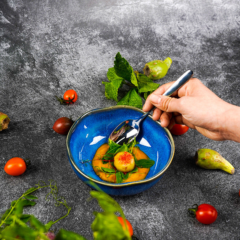 European style kiln turned blue ceramic salad bowl restaurant hotel special stylish vegetable soup bowl noodle bowl special-shaped ceramic bowl