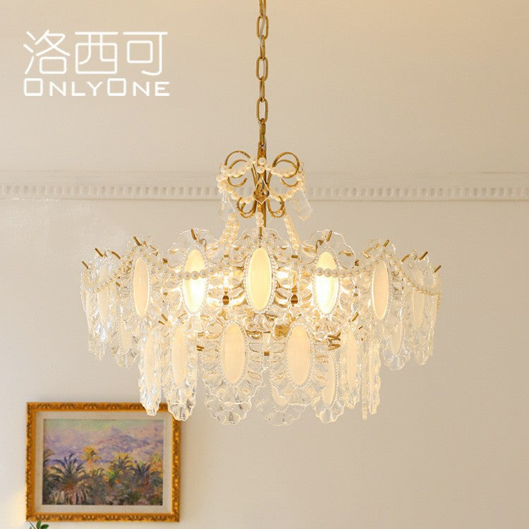 French Gorgeous Retro Pearl Glass Dining Room Bedroom Lighting Cream Wind Premium Light Luxury Crystal Living Room Chandelier