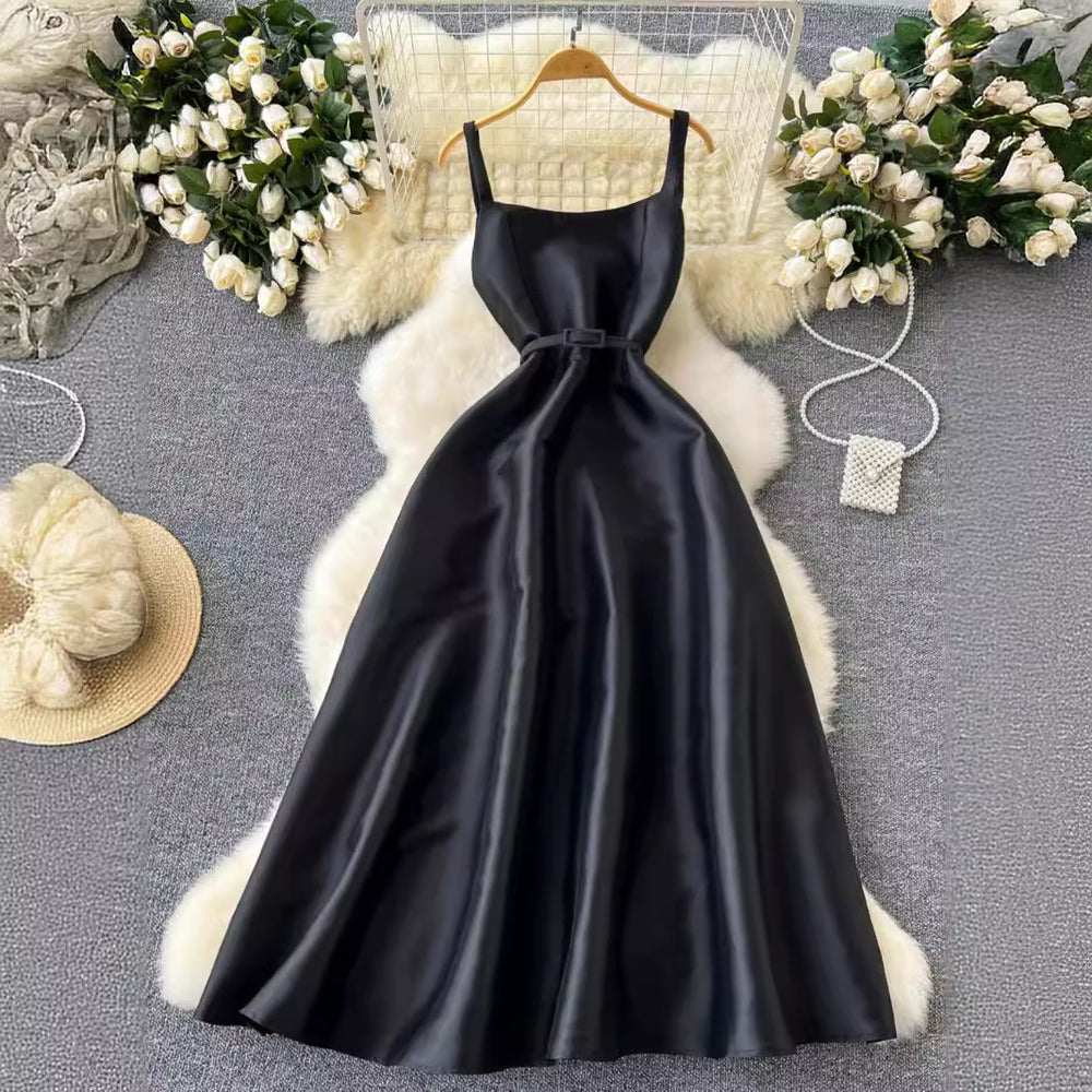 Evening party dress women's royal sister classy suspender long skirt french waist elegant puffy swing dress summer