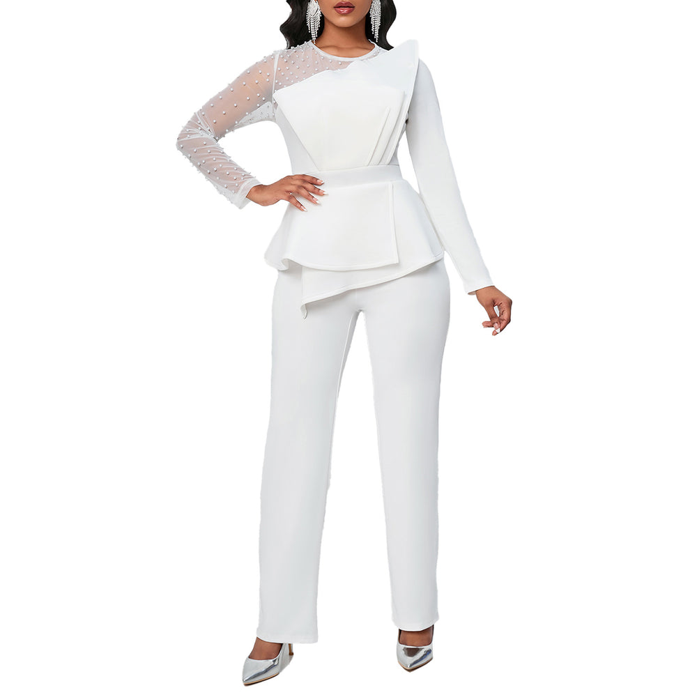 D439 independent station  new long-sleeved elegant mesh stitching beading slimming look banquet large size foreign trade jumpsuit