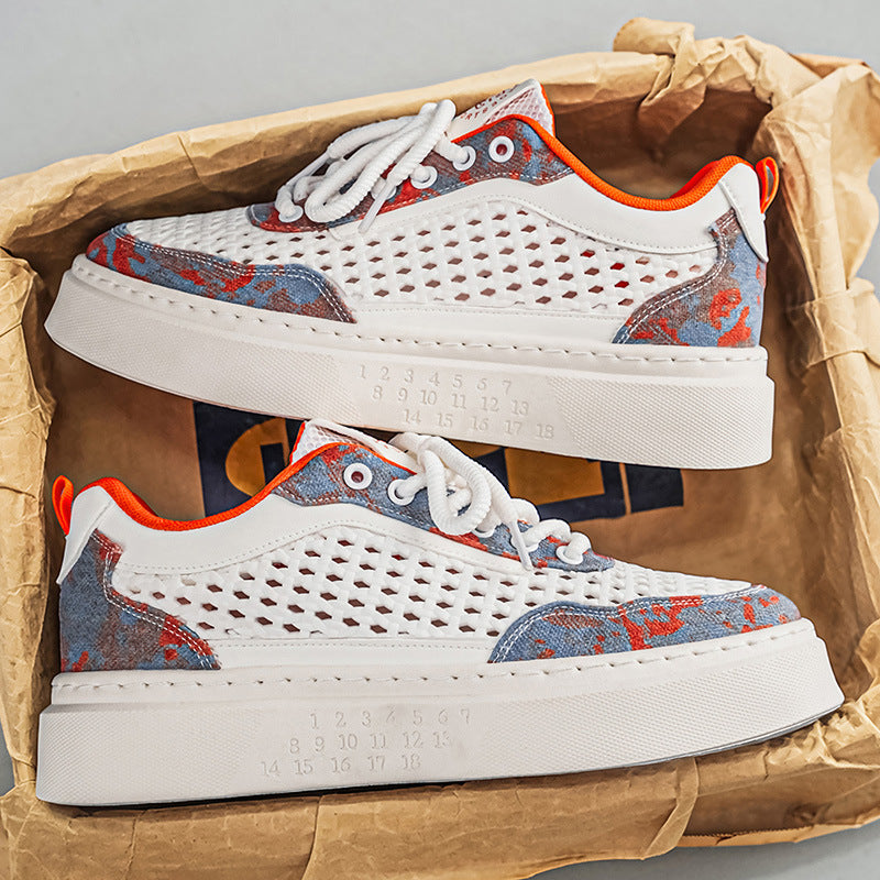 Men's summer breathable woven mesh versatile athletic casual trendy shoes - men's anti-slip thick-soled height-increasing white sneakers
