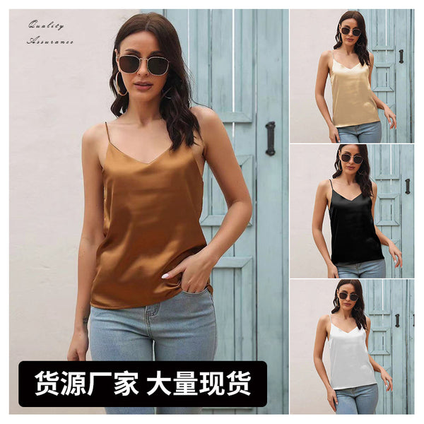 popular satin drape collar suspender women's satin vest European and American   women's shirt spot