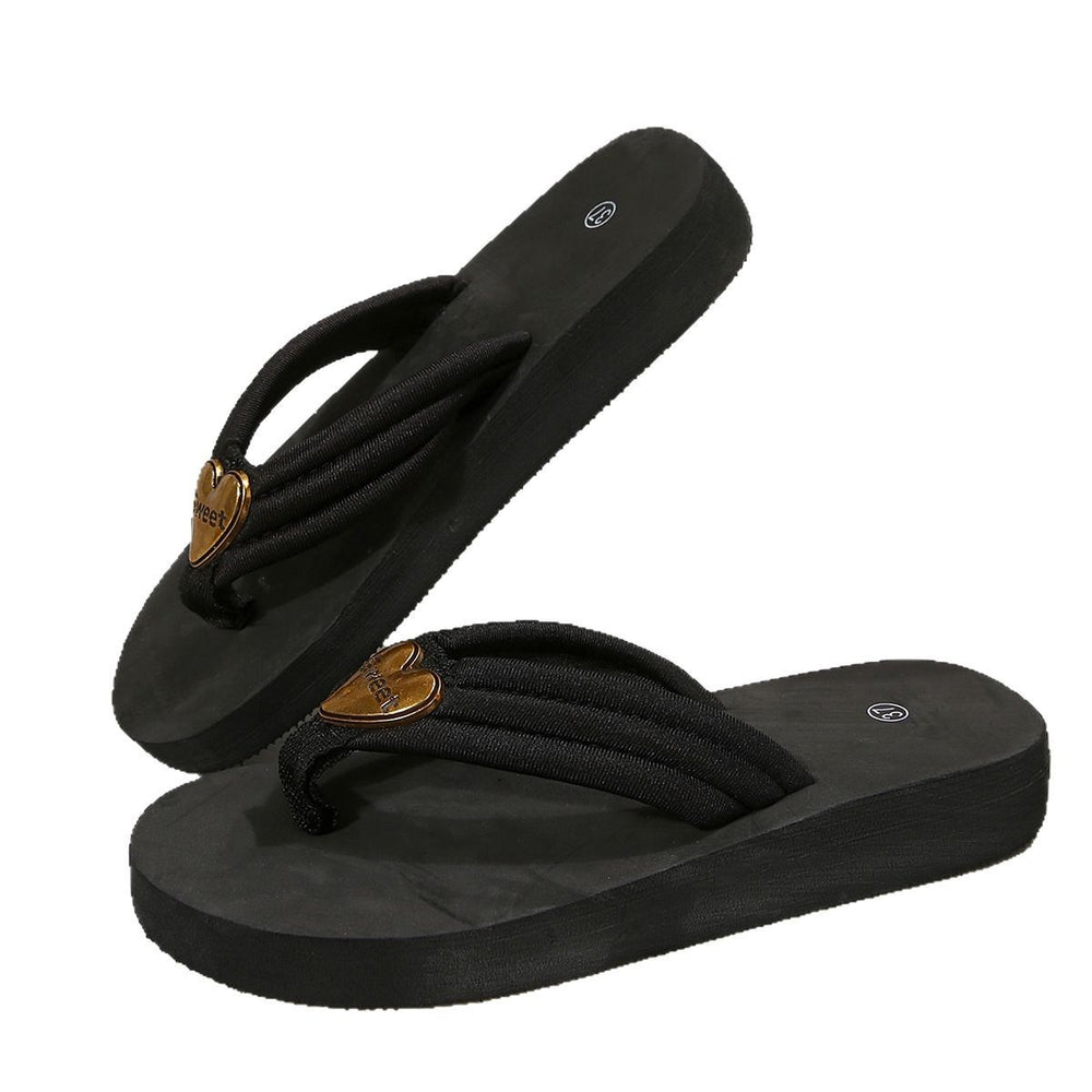 Plus size black flip-flops with cartoon design - summer thick-soled sandals & slippers - fashionable beach shoes for women
