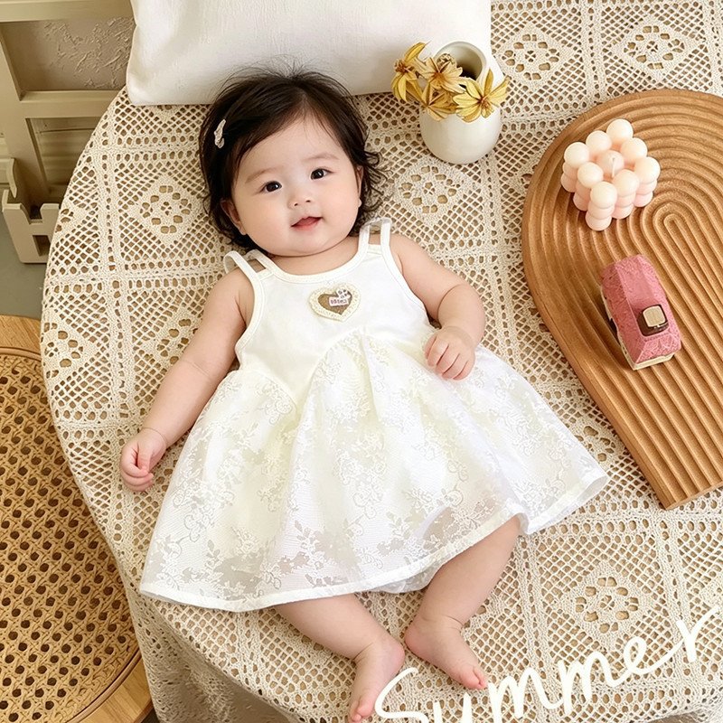 Baby embroidered romper dress - perfect for first birthday celebrations! summer style, trendy baby bodysuit with princess tulle skirt - crawling suit