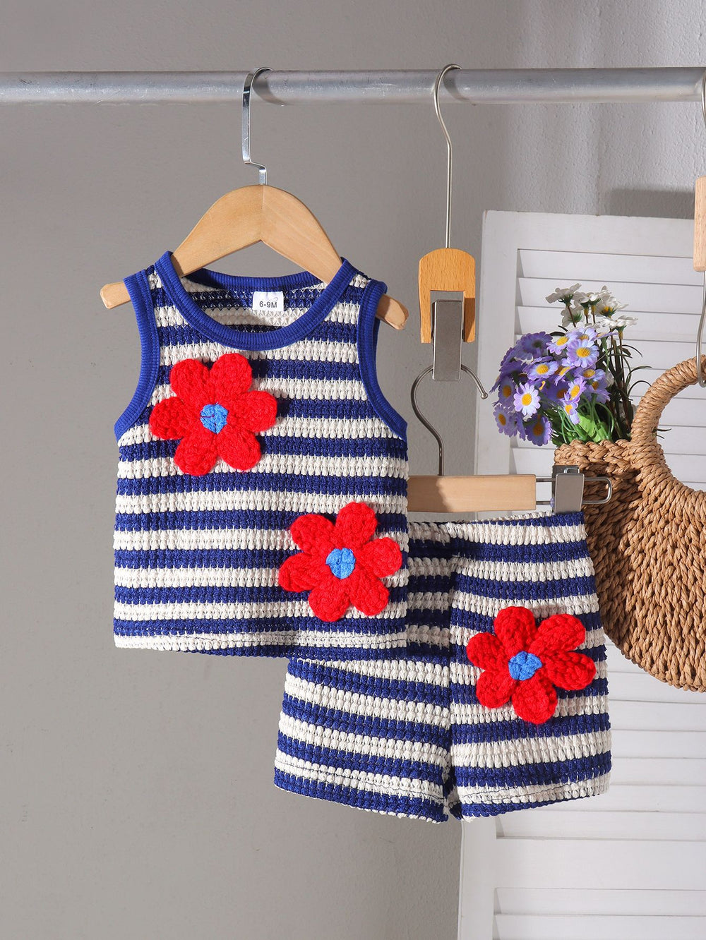 Children's clothing cross-border european and american girls blue stripes vest + shorts baby children's clothing suit