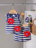 Children's clothing cross-border european and american girls blue stripes vest + shorts baby children's clothing suit