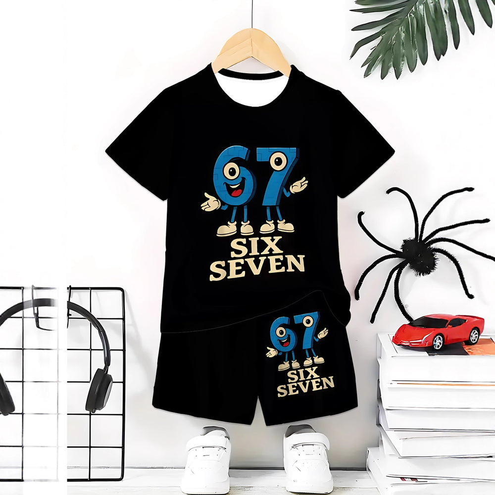"stylish digital 67 print," perfect for summer wear, boys' outdoor sports t-shirt set