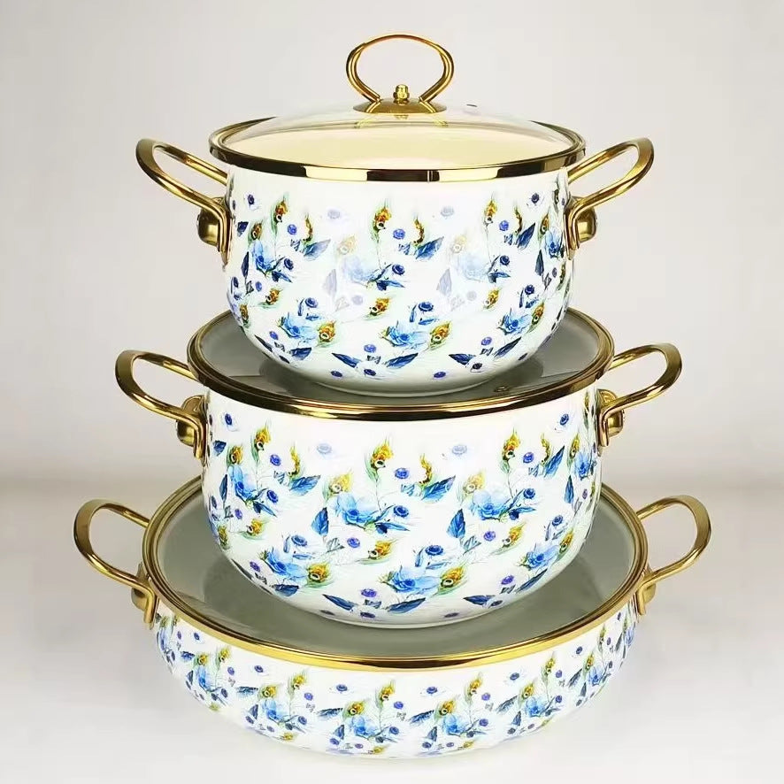 Factory direct sales cross-border hot selling thousands of charming flowers, birds and flowers enamel soup pot 20cm24cm30cm