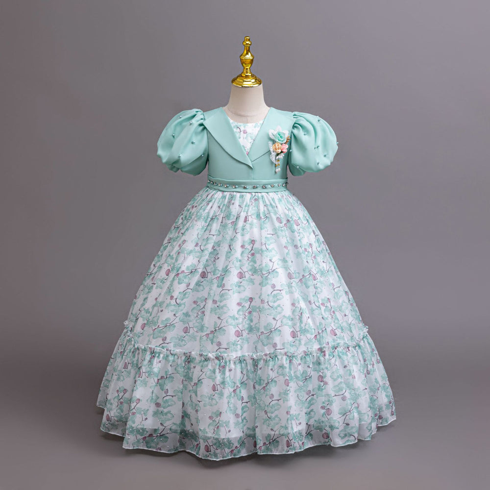 New wholesale children's dress, puff sleeve chiffon floral princess dress, girls' birthday dress, kids dress