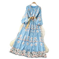French court style heavy embroidery mesh dress - women's autumn tie-waist v-neck lantern sleeve elegant mini dress