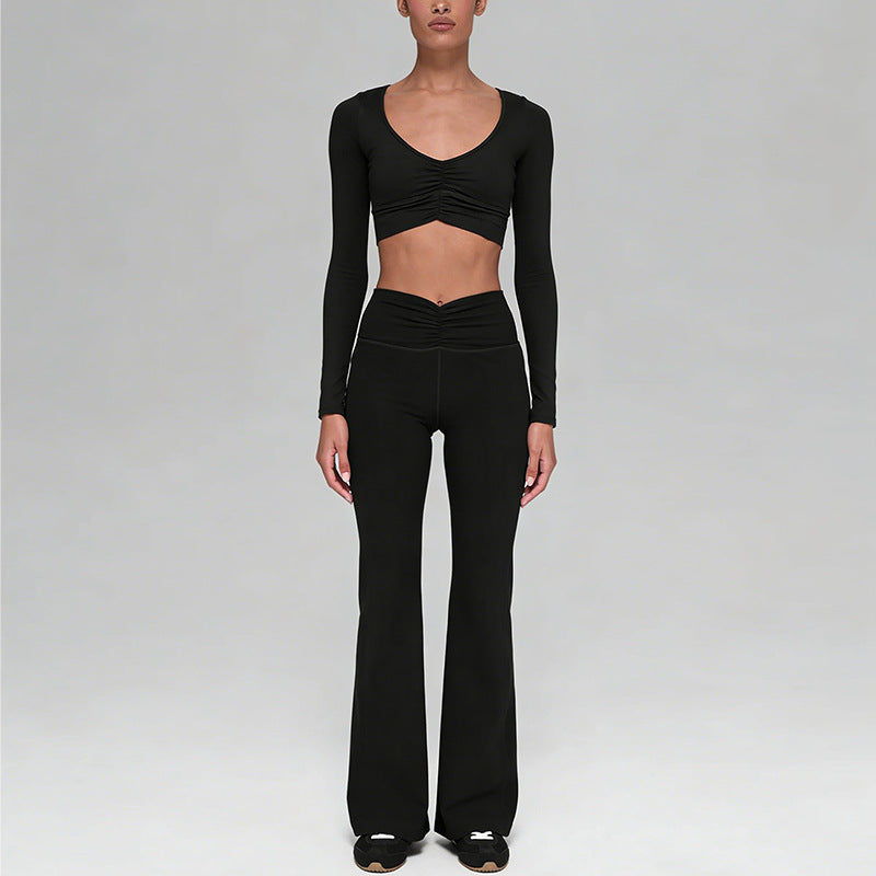 New arrival cationic high elastic yoga suit shirred drapedloose loose wide leg pants sports long sleevestops women