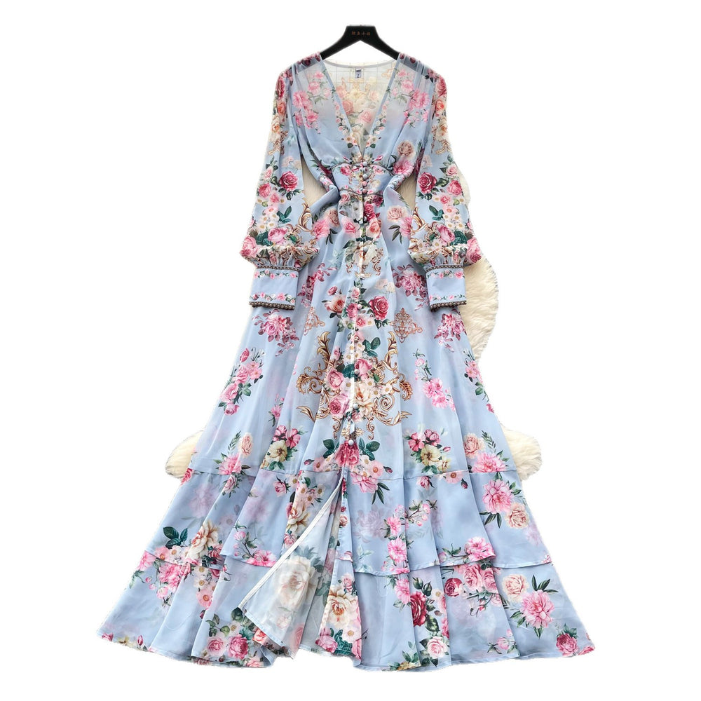 French riviera floral print flared sleeve dress - women's long sleeve tie-waist a-line maxi dress - elegant & chic