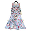 French riviera floral print flared sleeve dress - women's long sleeve tie-waist a-line maxi dress - elegant & chic