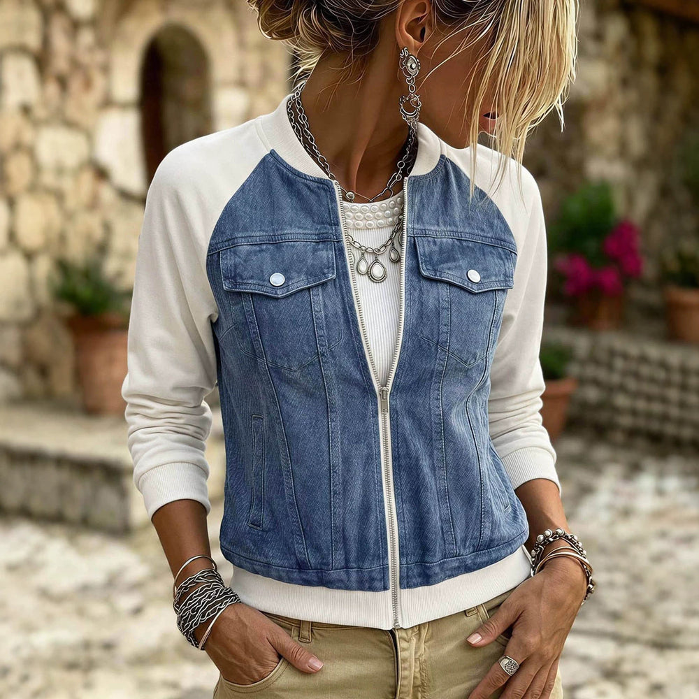 Faux denim patchwork plus size baseball jacket - raglan sleeve, zipper closure, pocket detail, relaxed fit, women's cropped jacket