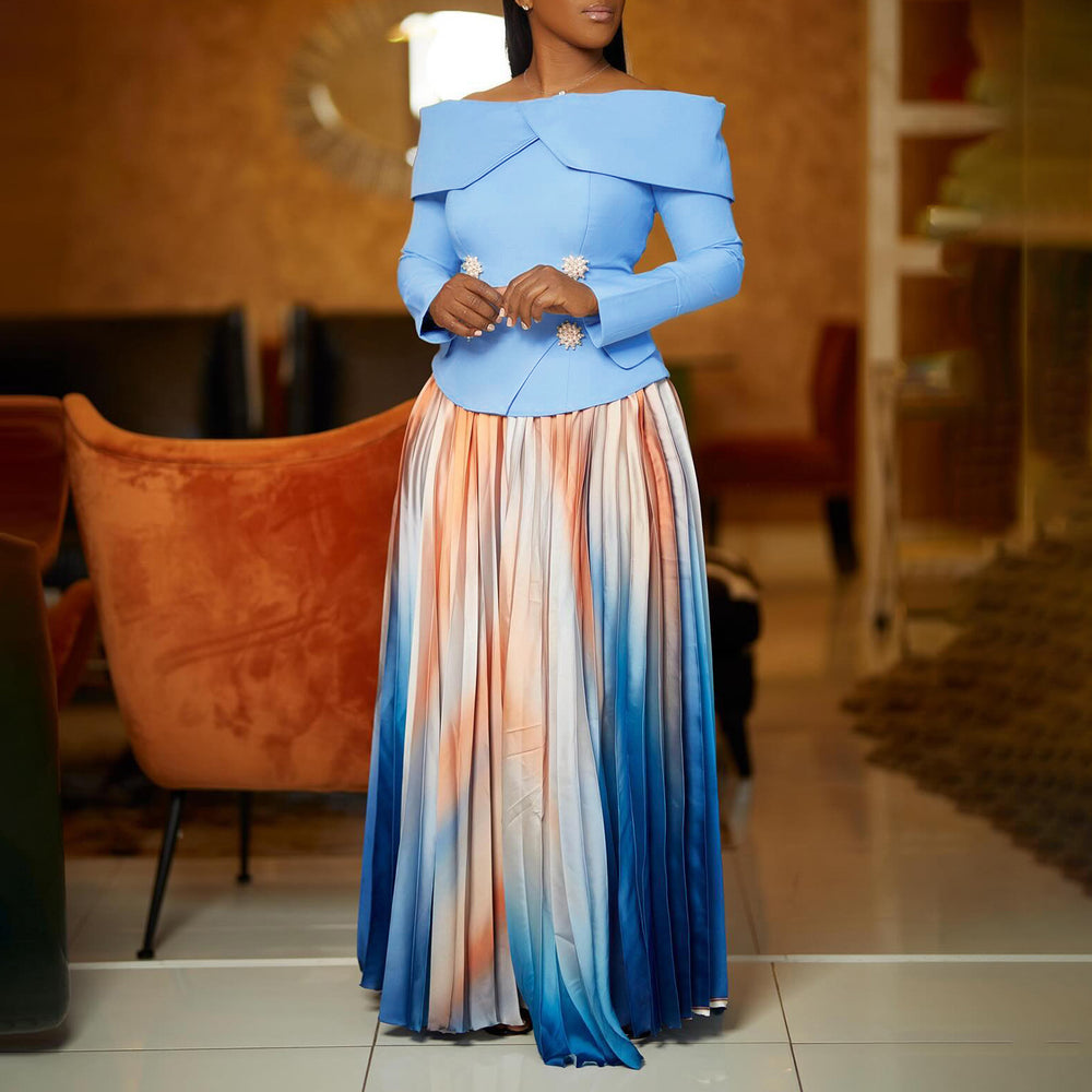 D3309 new  cross-border fashionable and elegant one-shoulder top and maxi skirt african style set for european and american export