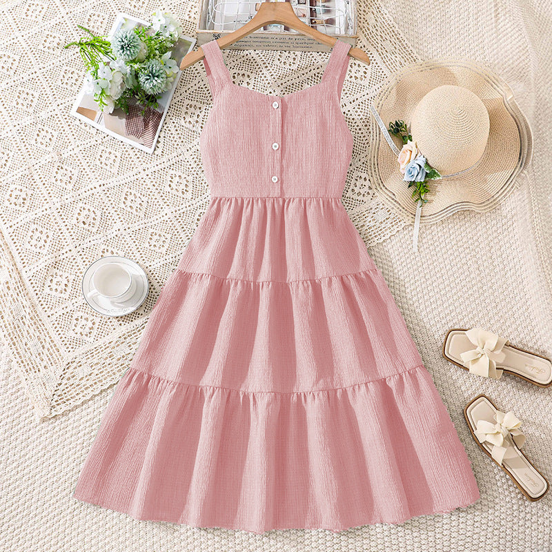 children's spring/summer new arrivals: european and american style fashionable casual camisole dress with open back, bow detail, cinched waist, and flared skirt