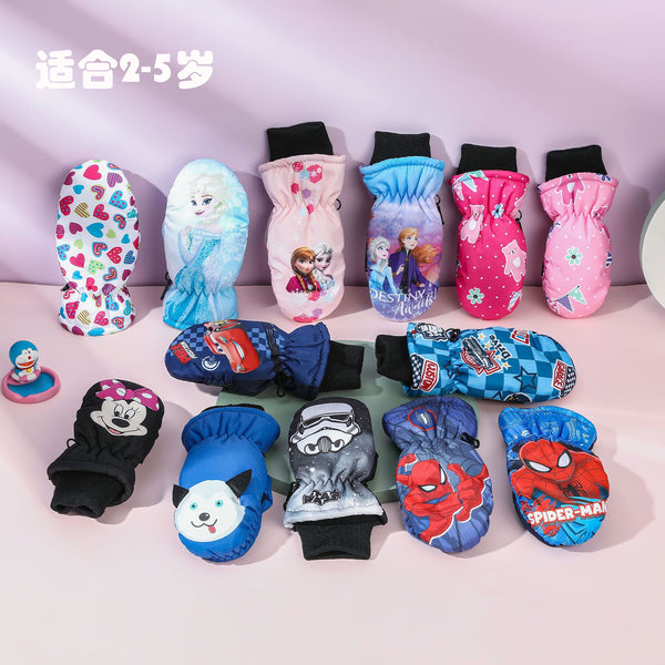 Strictly selected cartoon printed finger children's warm gloves 2-6 years old, winter outdoor sports windproof ski gloves