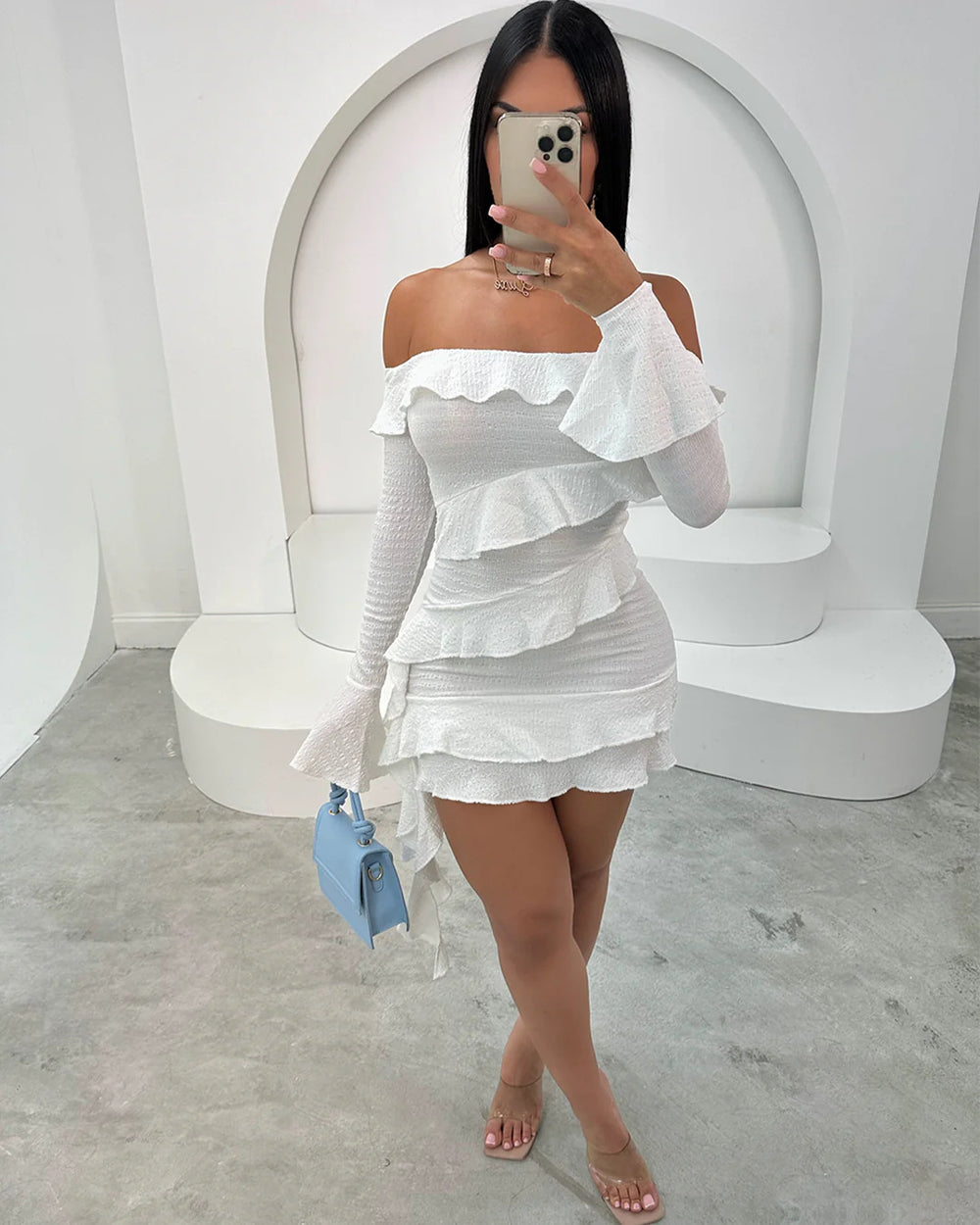 European and american cross-border women's fashion:  autumn new collection - solid color flared sleeve bandeau off-the-shoulder sexy bodycon dress