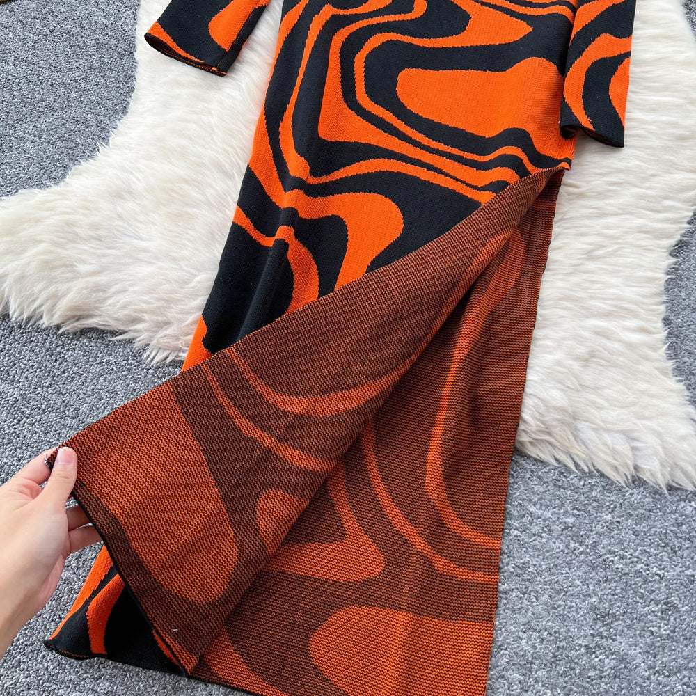 European and american style women's dress  new slimming fashionable printed high neck slit long knitted evening gown