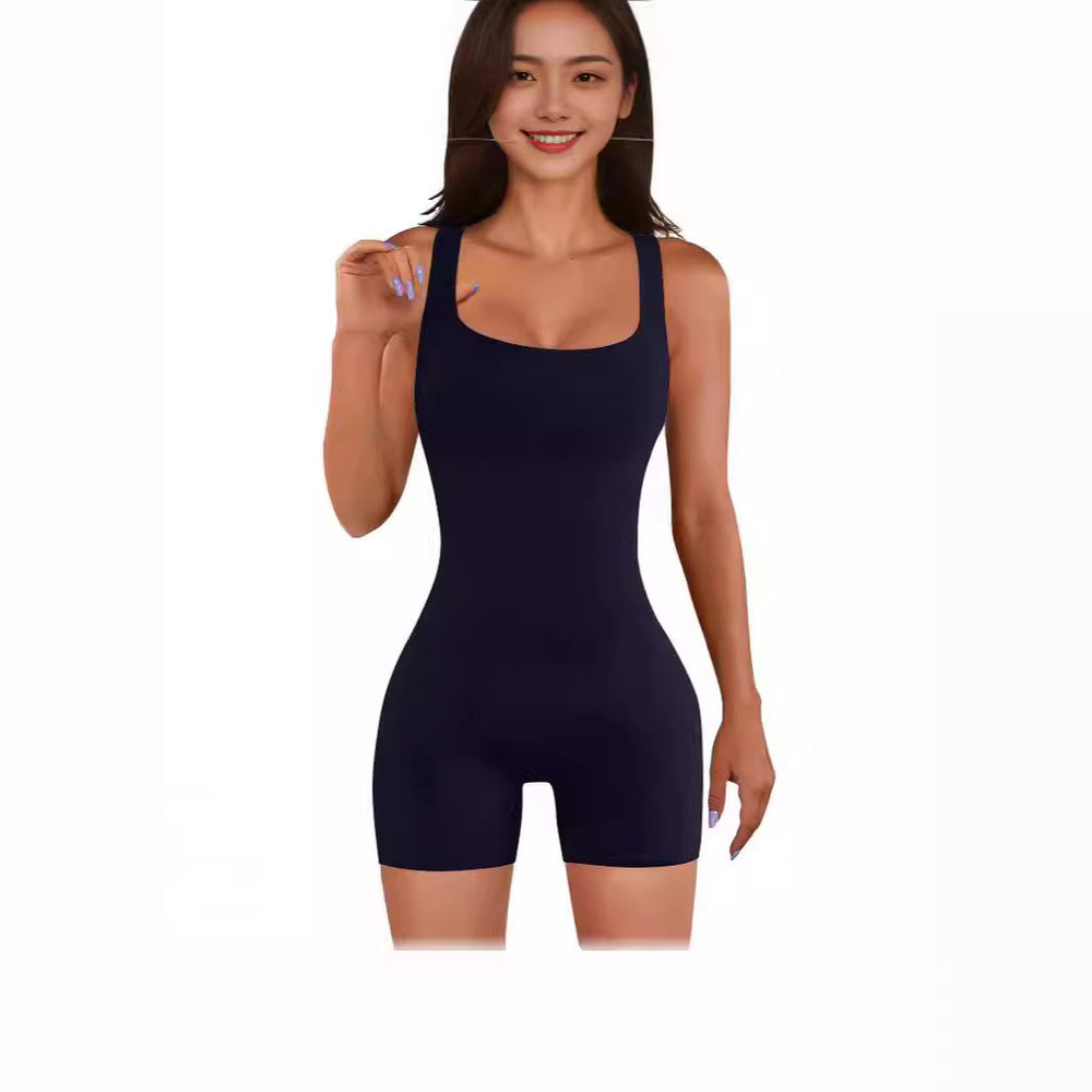 summer women's zipper solid color square neck sleeveless waist tight one-piece shorts yoga pants