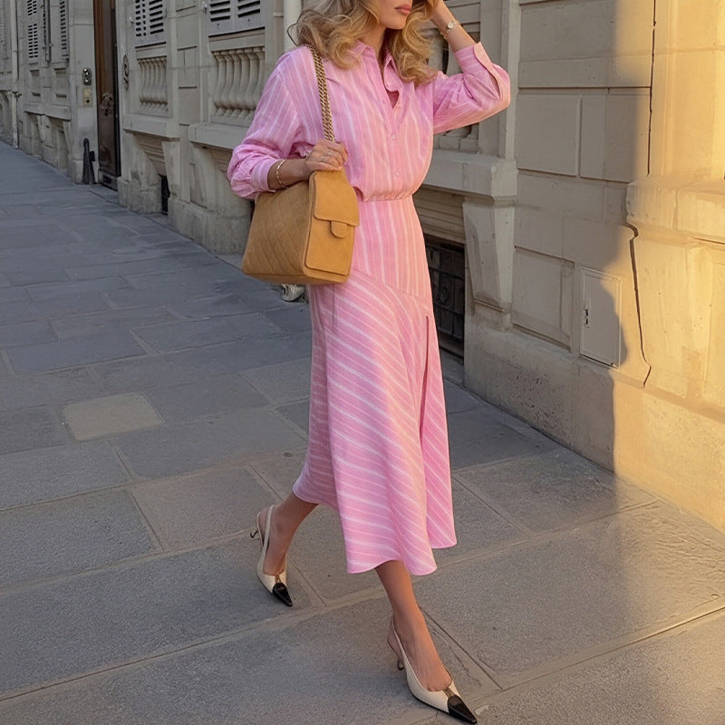 summer new women's clothing: cross-border european and american style fashion casual striped long-sleeve shirt dress set