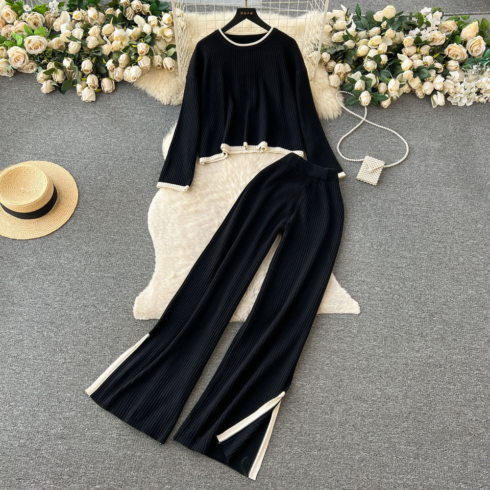 Hong kong style retrofashioncasualloose round neck long sleevesknitting shirttopstwo-piece set women's high waistcontrast color side pants