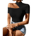 spring and summer new arrival cross-border fashion round neck women's ins popular short-sleeved t half turtleneck one-sided off-shoulder short