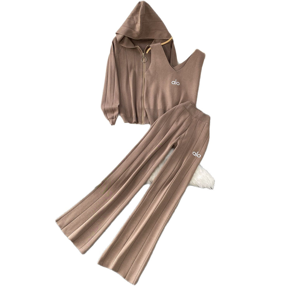 Trendy women's winter three-piece set: casual zip-up hooded knit jacket + embroidered tank top + high-waisted pleated wide-leg pants