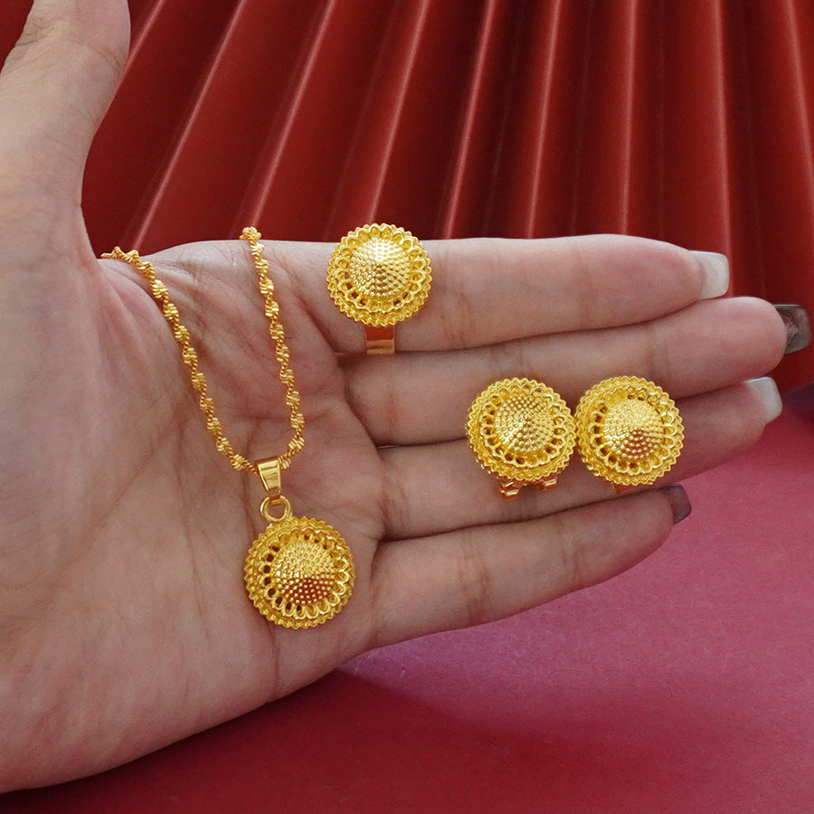 Wholesale cross-border middle eastern polished ball design gold-plated necklace, pendant, earrings, and ring three-piece jewelry set