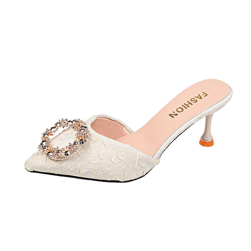 Women's summer outdoor slippers, 2023 new french style rhinestone high heel mules, stiletto heel closed-toe sandals, black