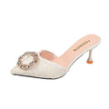 Women's summer outdoor slippers, 2023 new french style rhinestone high heel mules, stiletto heel closed-toe sandals, black