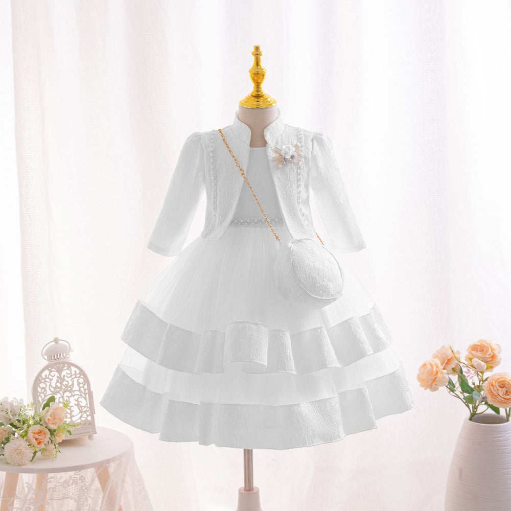 New three-piece children's formal dress set, featuring a beaded floral princess gown, perfect for little girls' piano recitals and flower girl outfits