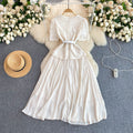 French chic dress - women's high-end, exquisite, and elegant square neck lace-trimmed pleated maxi dress - socialite evening gown