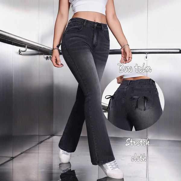 Cross-border explosion Black bow decorative flared pants Slim-fit version Elastic fabric Fashion women's flared denim