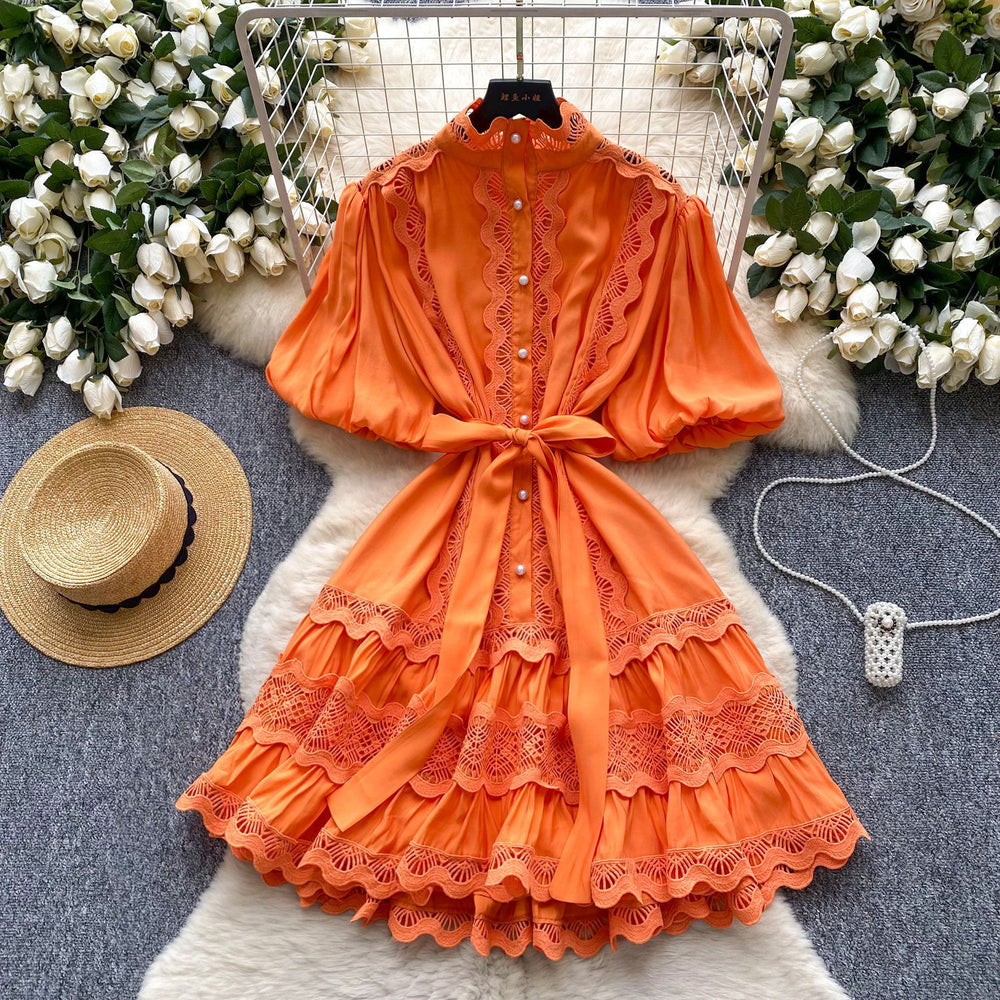 French retro court style chic lace patchwork tie-waist dress - lantern sleeves, slimming a-line skirt