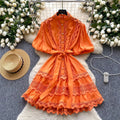 French retro court style chic lace patchwork tie-waist dress - lantern sleeves, slimming a-line skirt