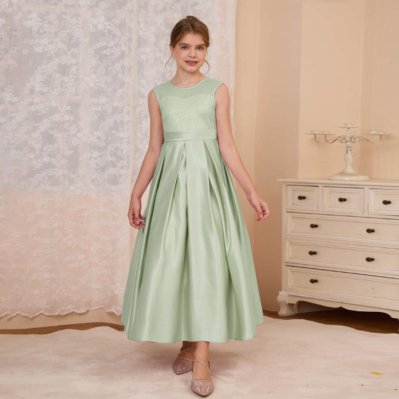 Custom-made girls' formal dresses for export: v-neck, bow accent, long princess dress for mid-to-large children, european and american style satin skirt