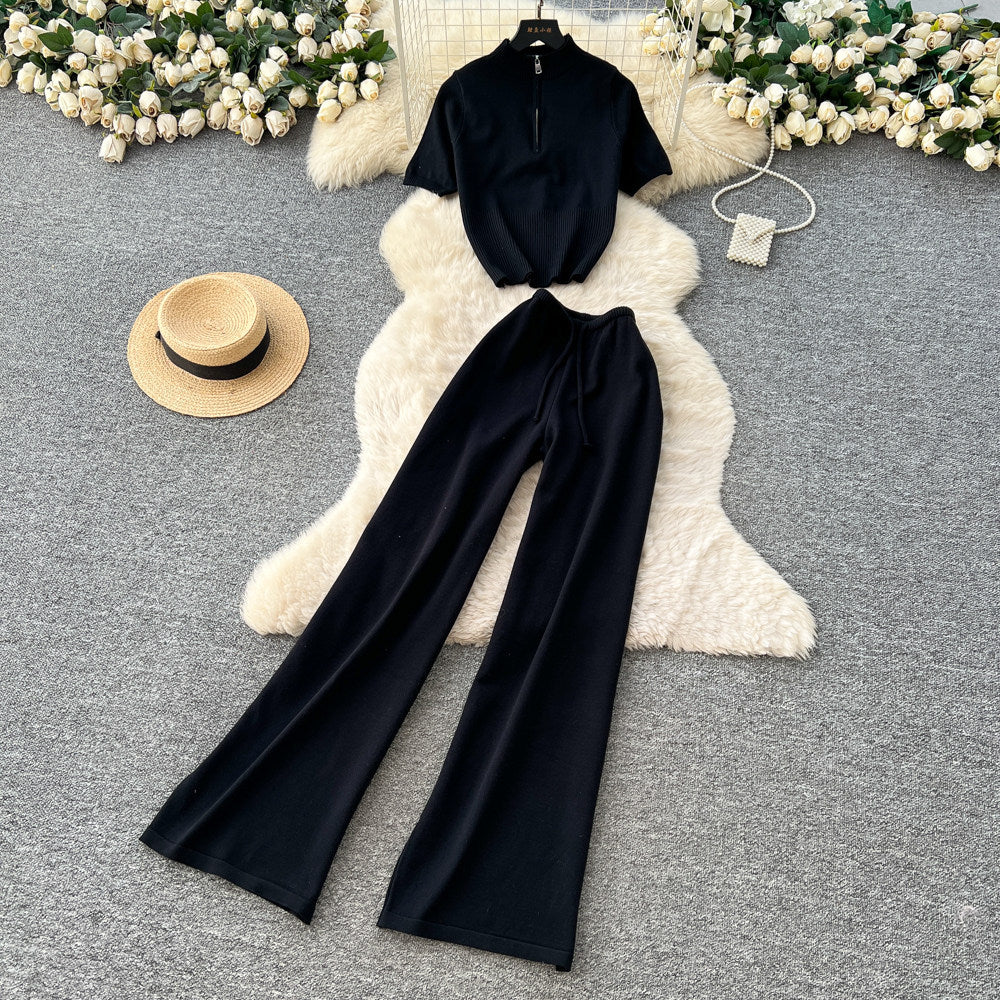 K-stylework clothing style silmtwo-piece set female summernew arrival short-sleeved tops slightly flared pants easiest for matchfashionhigh waistsuit