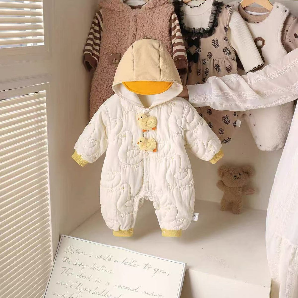 Winter baby medium-thick outwear bodysuit, warm fleece-lined romper, newborn cartoon onesie
