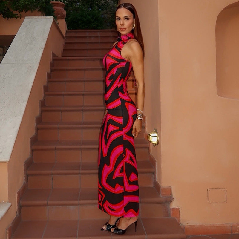 European and american style cross-border new casual women's color block striped home wear bodycon dress high neck sleeveless maxi dress wholesale