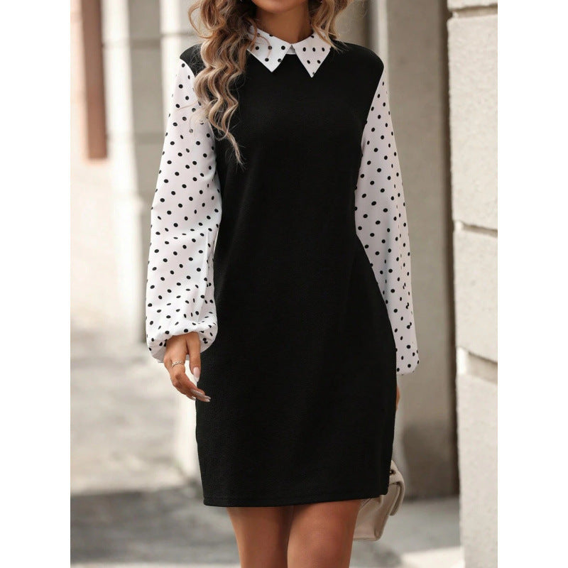 fashion  autumn new arrival polo collar polka dot printing lantern sleeve elegantshortdress