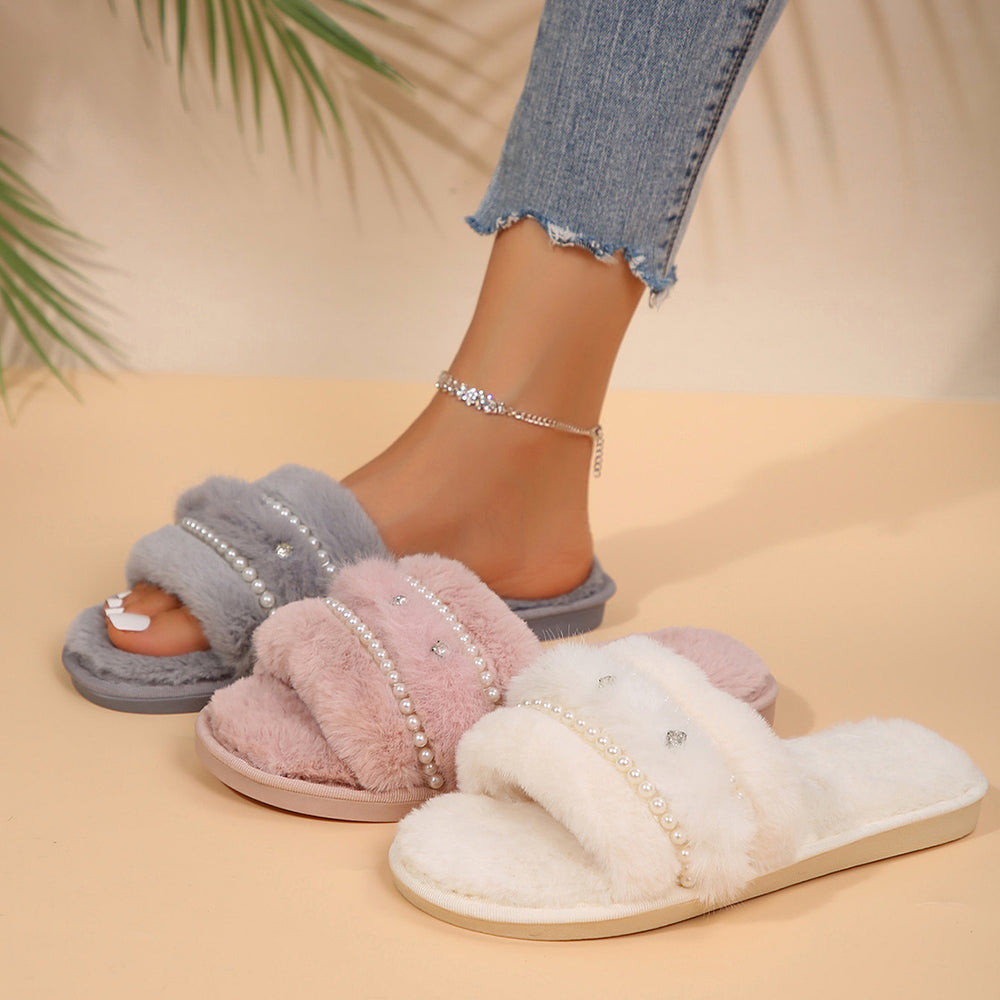 temu shein one-word plush big hit european and american fur rhinestone cotton slippers women's fur cotton slippers women