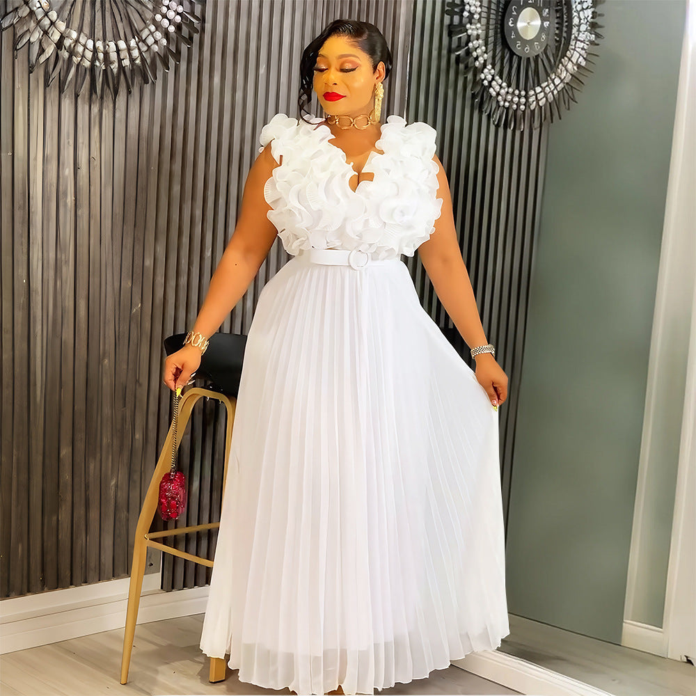 Fashion cross-border women's clothing african plus sizenew arrival stereo flower sleeveless high waist pleated skirt dresselegantdress