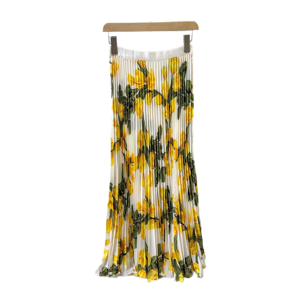 export 2026 summer new arrival: printed pleated a-line midi skirt with elastic waist and flared ruffle hem